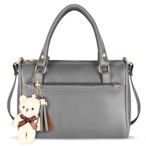 Grey Luxurious Faux Leather Handbag With Teddy Bear HB19