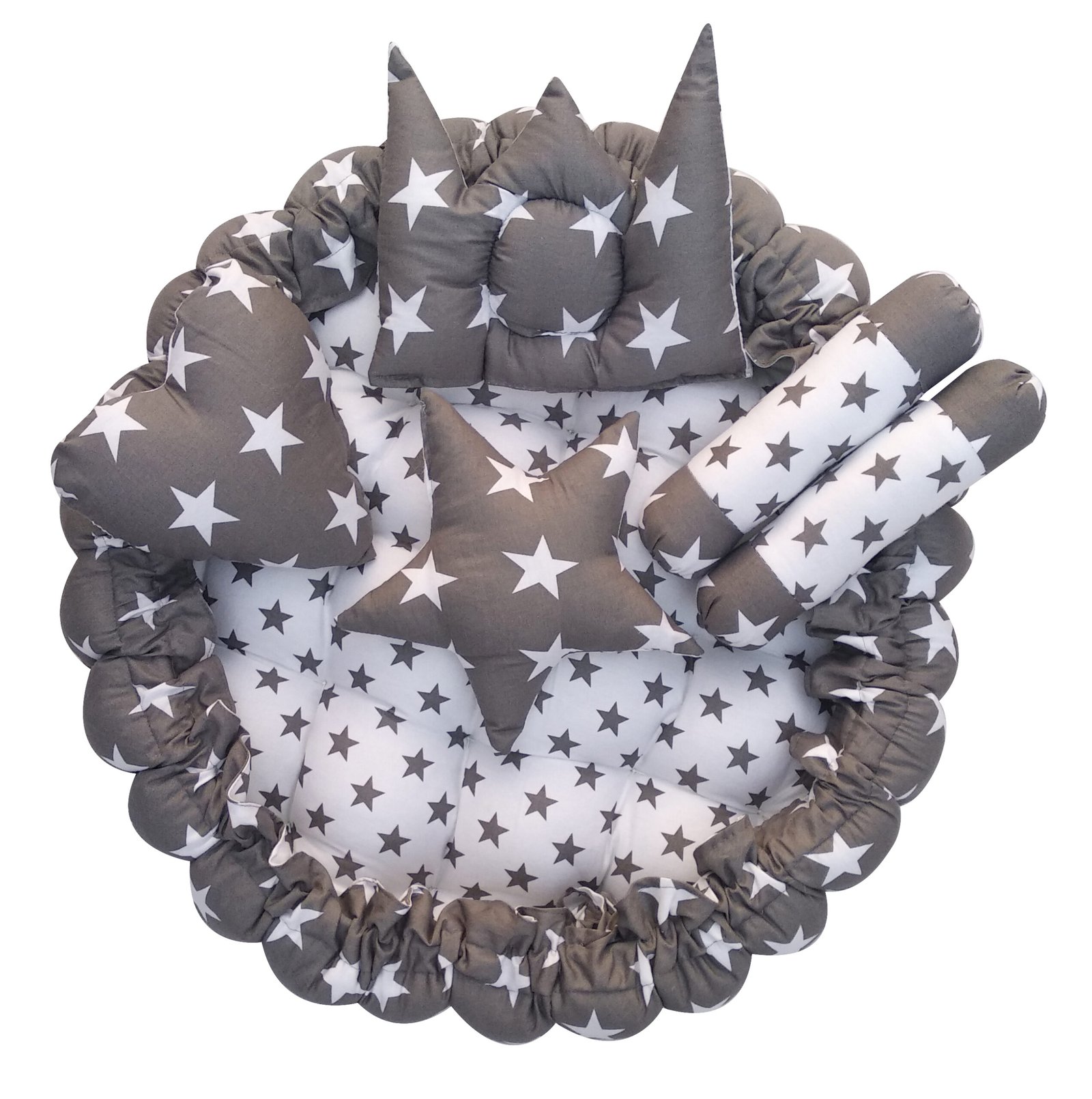 Grey 5 Pillows & Round shape Cotton Baby Bed BB01