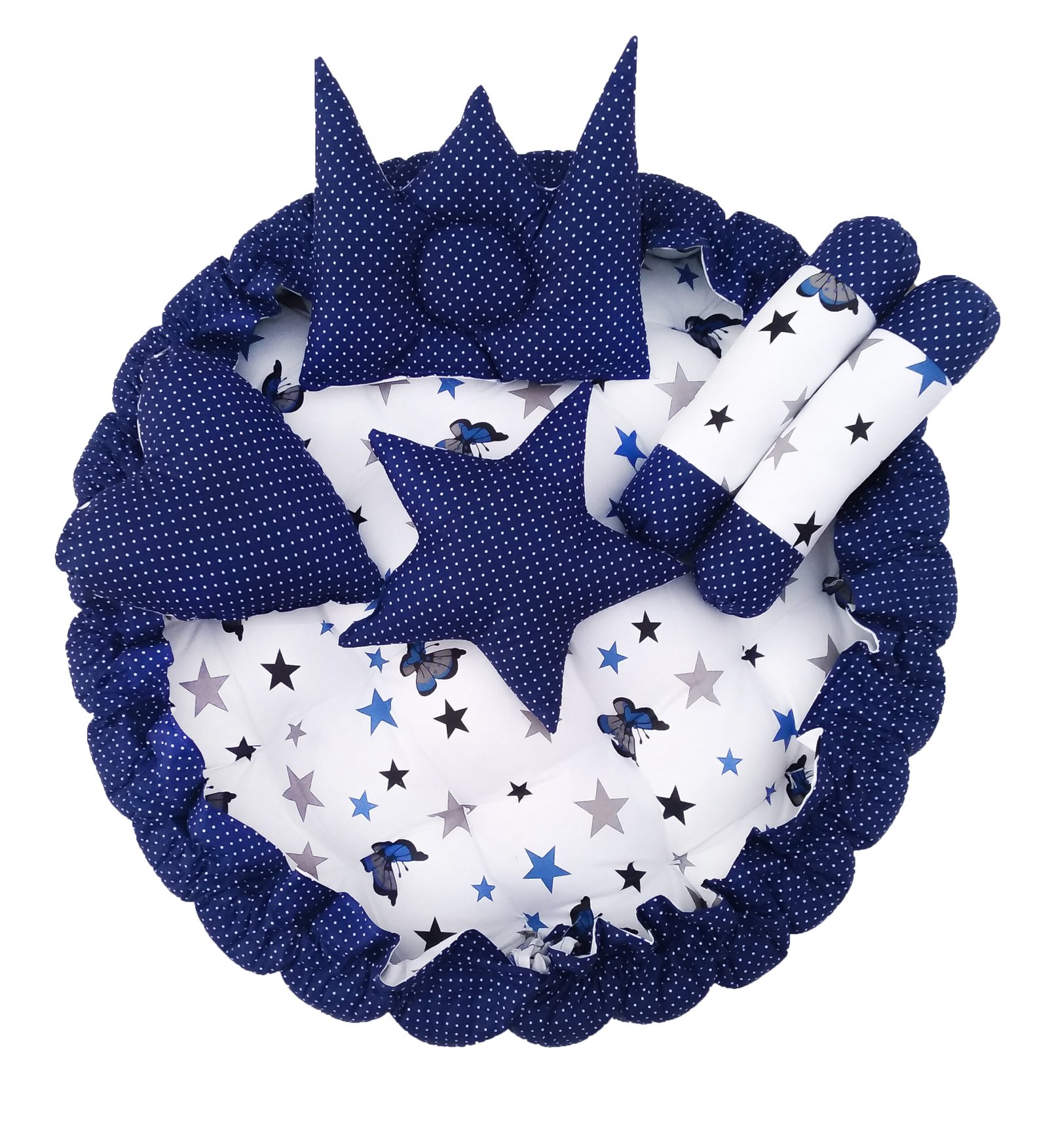 Blue 5 Pillows & Round shape Cotton Baby Bed BB02