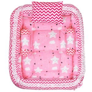 Pink 3 Pillows & Square shape Cotton Baby Bed BB06
