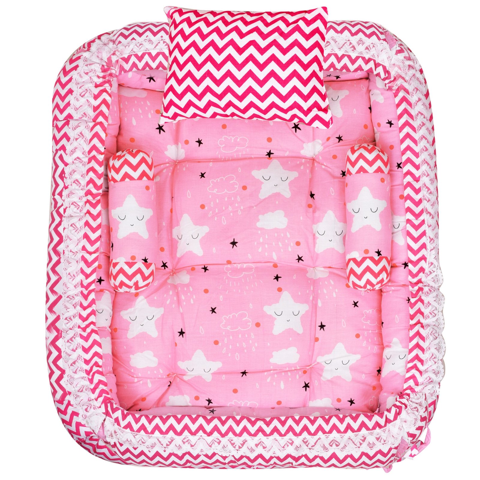 Pink 3 Pillows & Square shape Cotton Baby Bed BB06