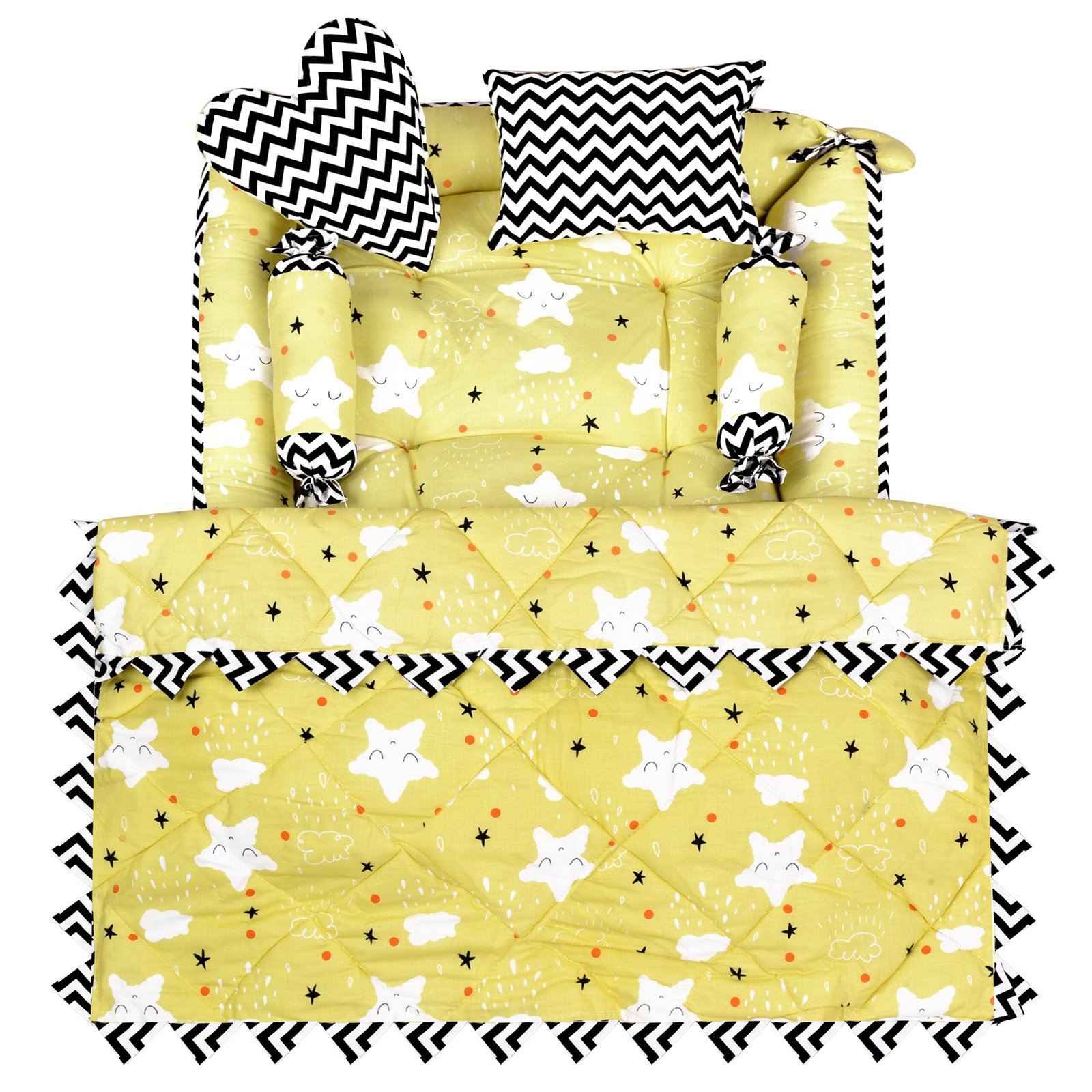 Yellow 4 Pillows & Square shape Cotton Baby Bed BB15