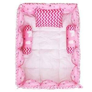 Pink 3 Pillows & Square shape Cotton Baby Bed BB18