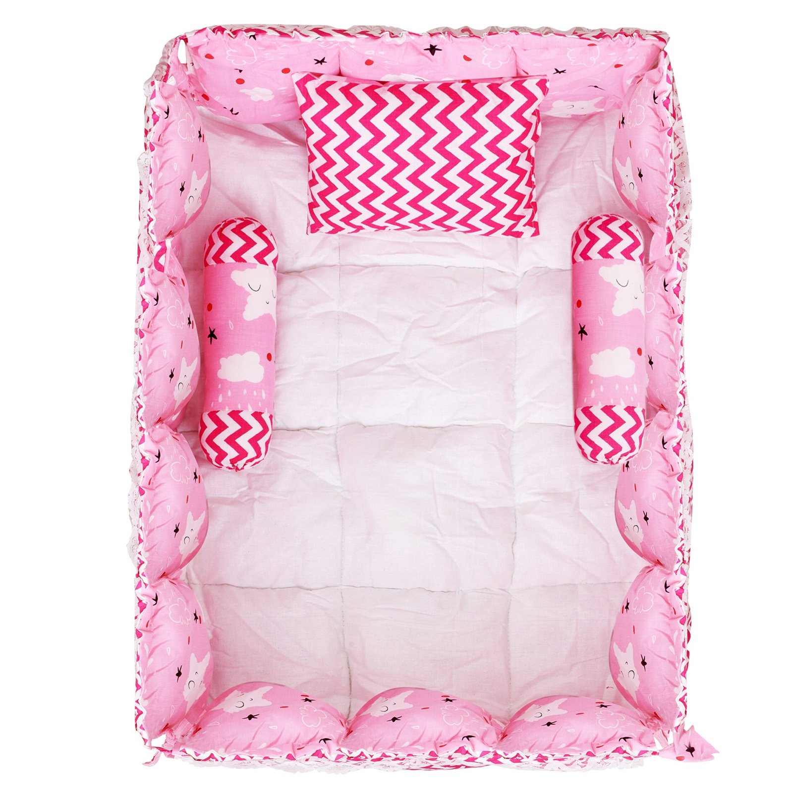 Pink 3 Pillows & Square shape Cotton Baby Bed BB18