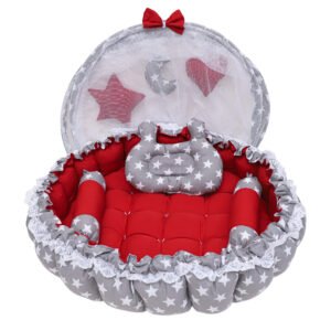 Multicolor 3 Pillow with Mosquito Protection Net & Round Shape Cotton Baby Bed BB19