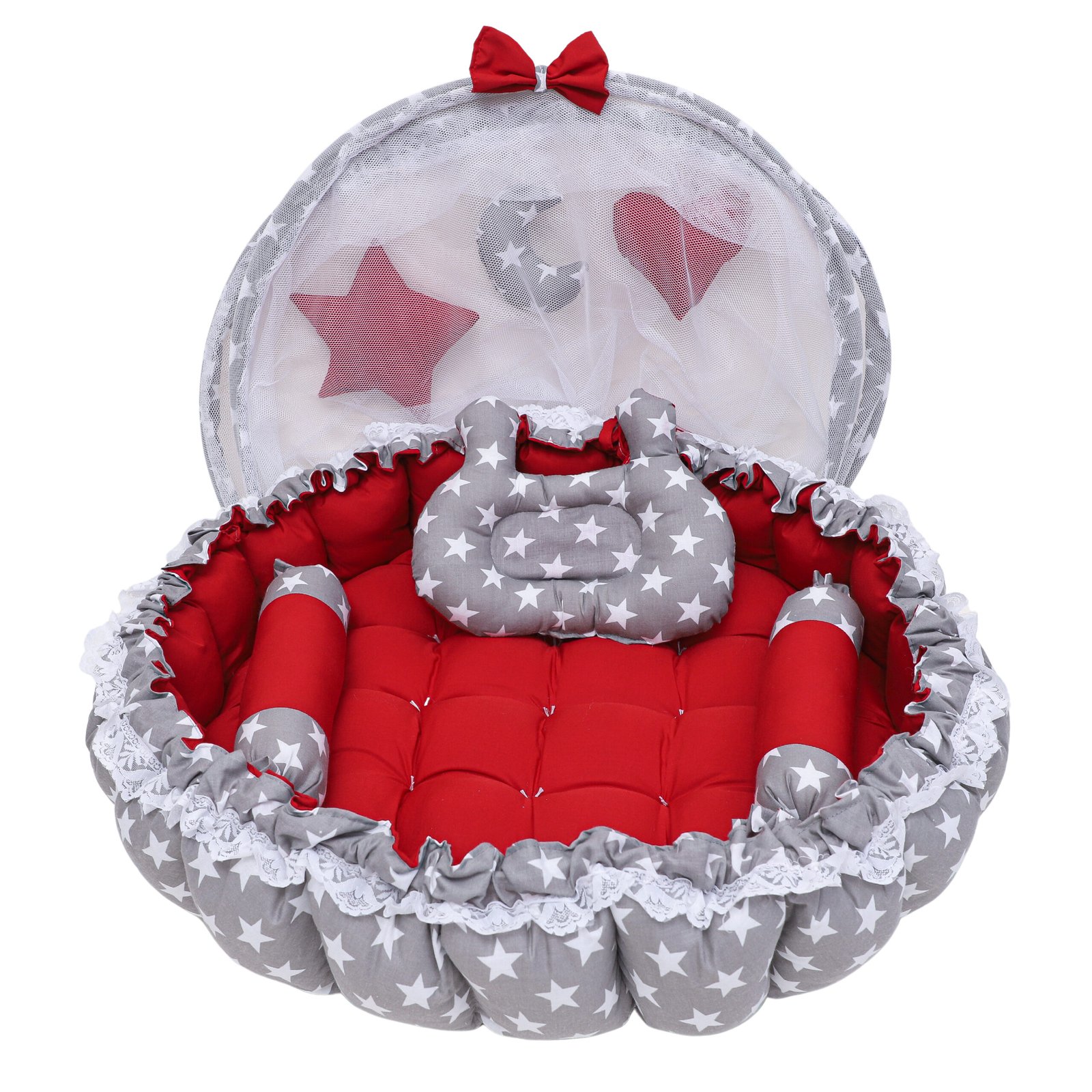 Multicolor 3 Pillow with Mosquito Protection Net & Round Shape Cotton Baby Bed BB19