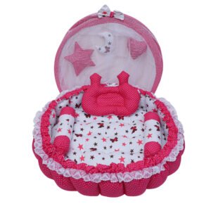 Pink 3 Pillow with Mosquito Protection Net & Round Shape Cotton Baby Bed BB21