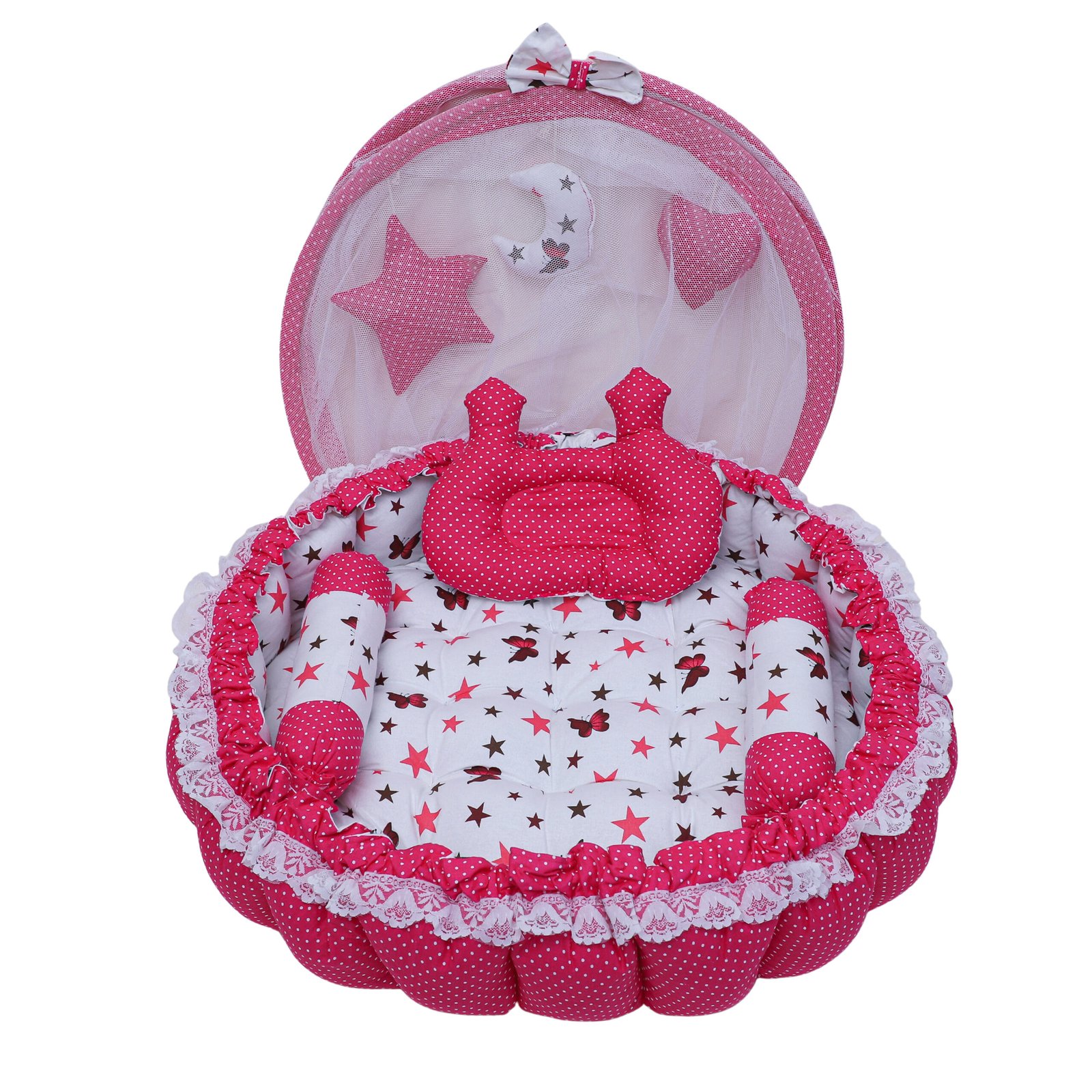 Pink 3 Pillow with Mosquito Protection Net & Round Shape Cotton Baby Bed BB21