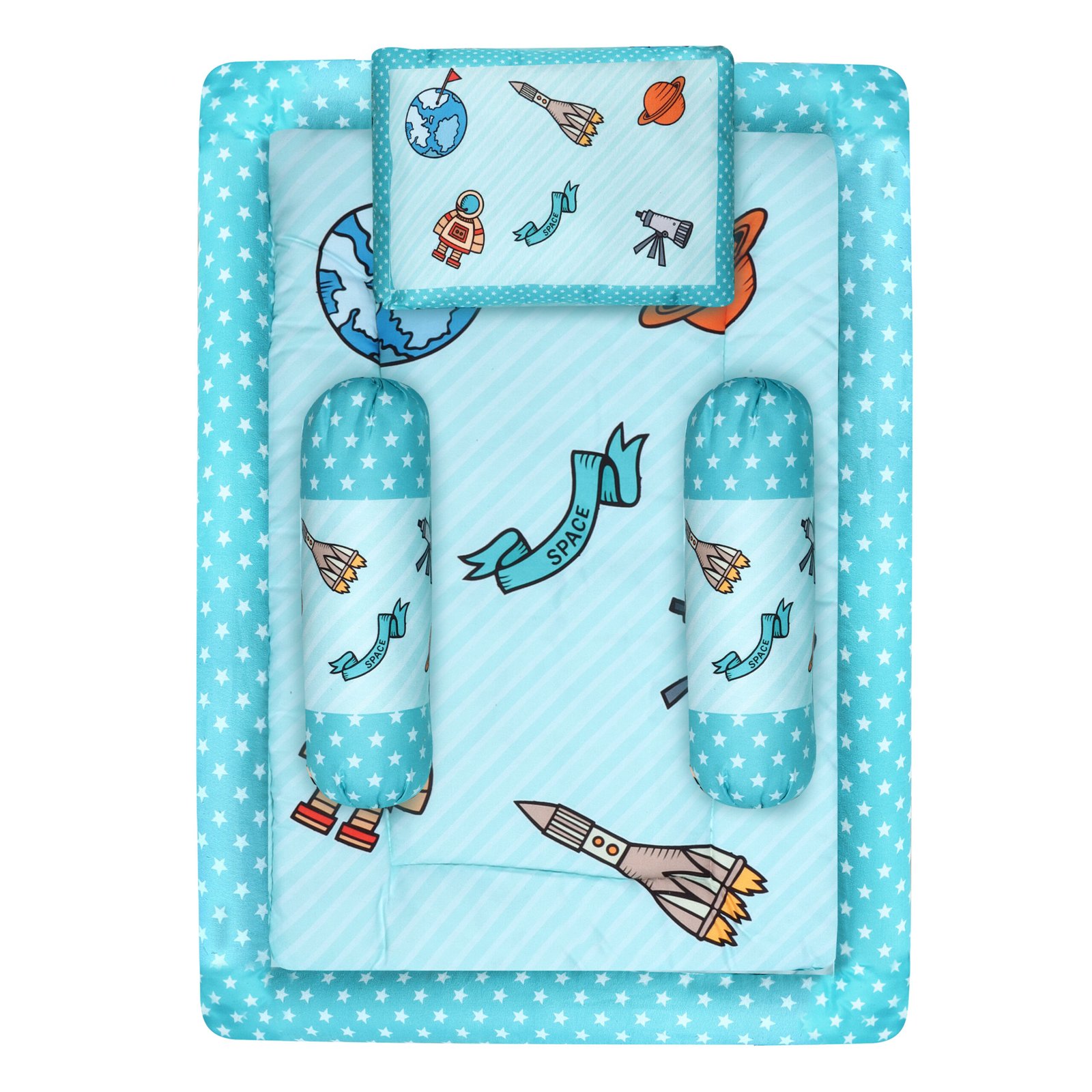 Grey 3 Pillows & Rectangle shape Space Theme Cotton Baby Bed for 0-1 Year