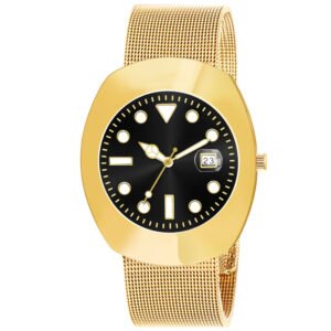 Golden Intermesh Stainless Steel Strap Analog Watch For Men LR138