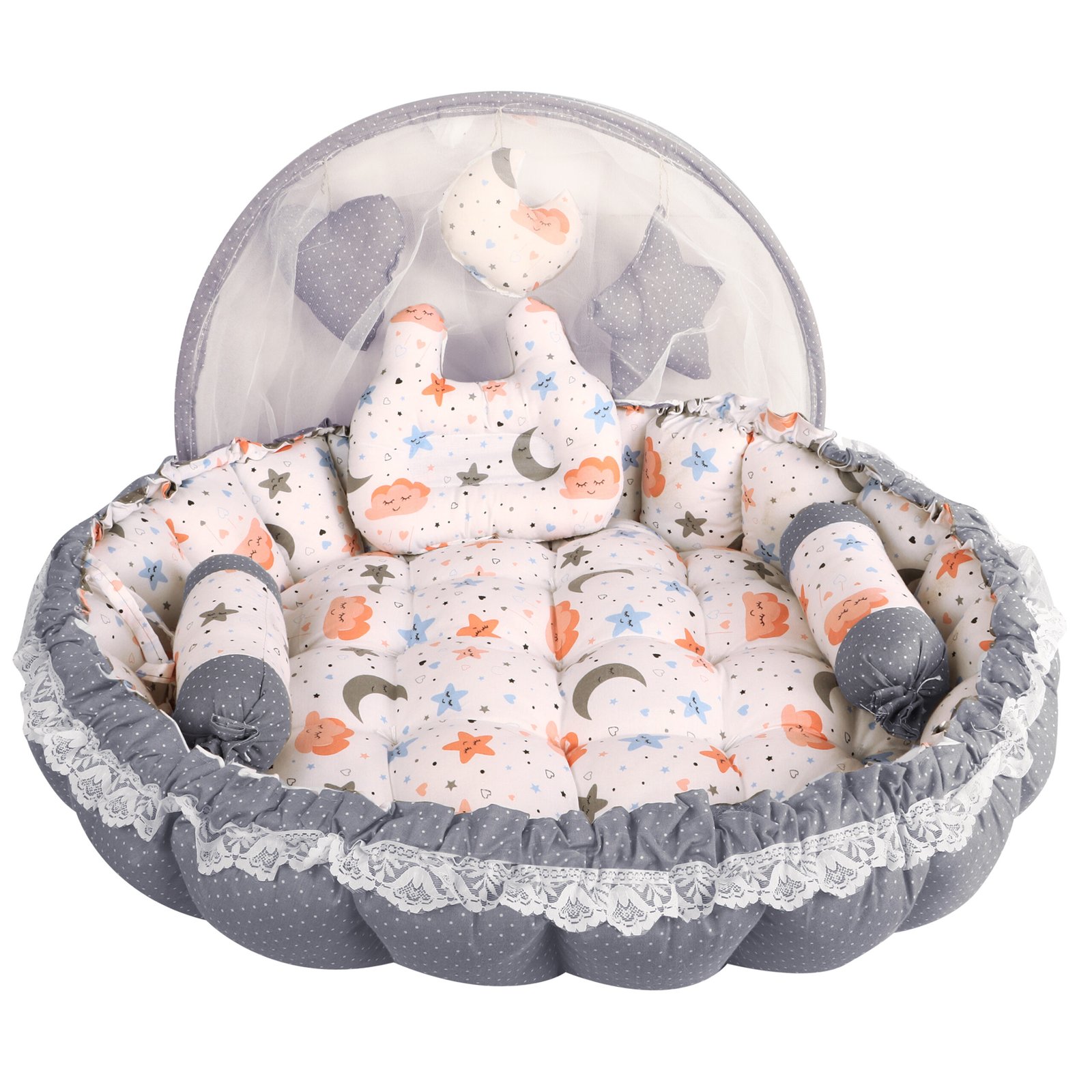 Grey 3 Pillow with Mosquito Protection Net & Round Shape  Cotton Baby Bed for 0-1 Year BB22