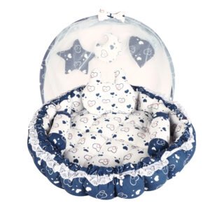 Blue 3 Pillow with Mosquito Protection Net & Round Shape  Cotton Baby Bed for 0-1 Year BB23