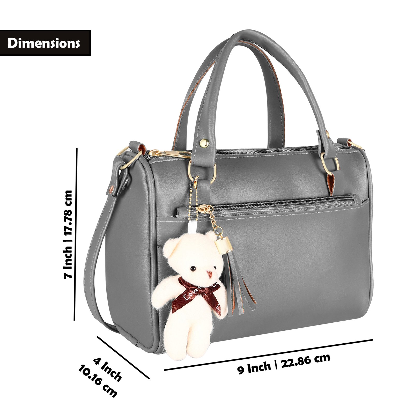 Grey Luxurious Faux Leather Handbag With Teddy Bear HB19