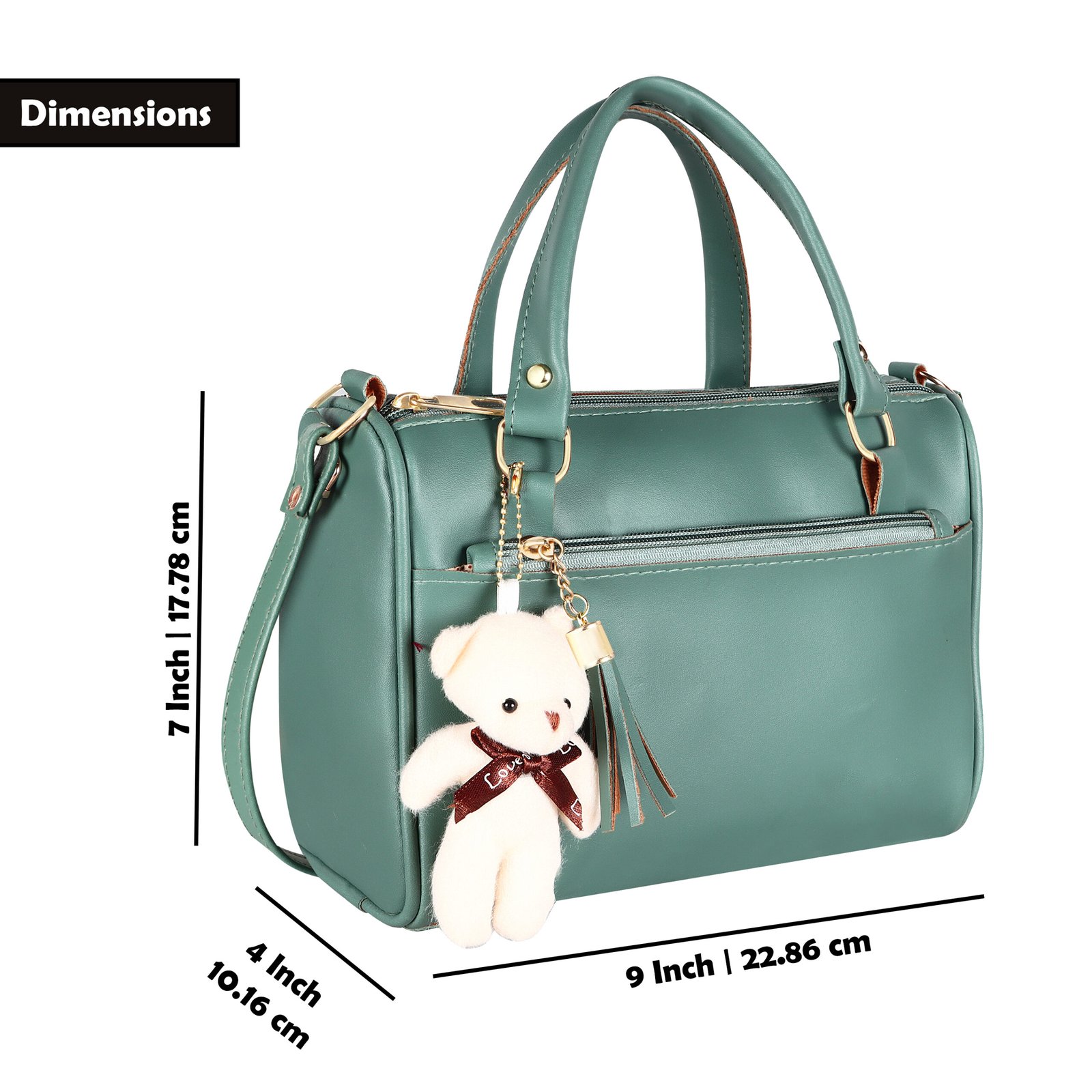 Green Luxurious Faux Leather Handbag With Teddy Bear HB20