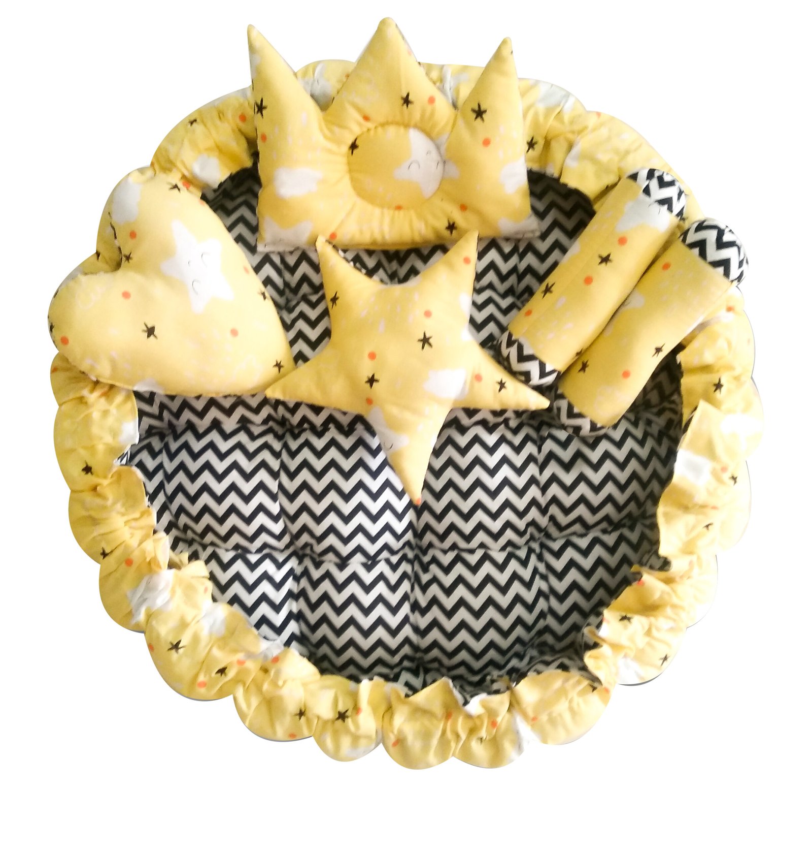 Yellow 5 Pillows & Round shape Cotton Baby Bed BB04