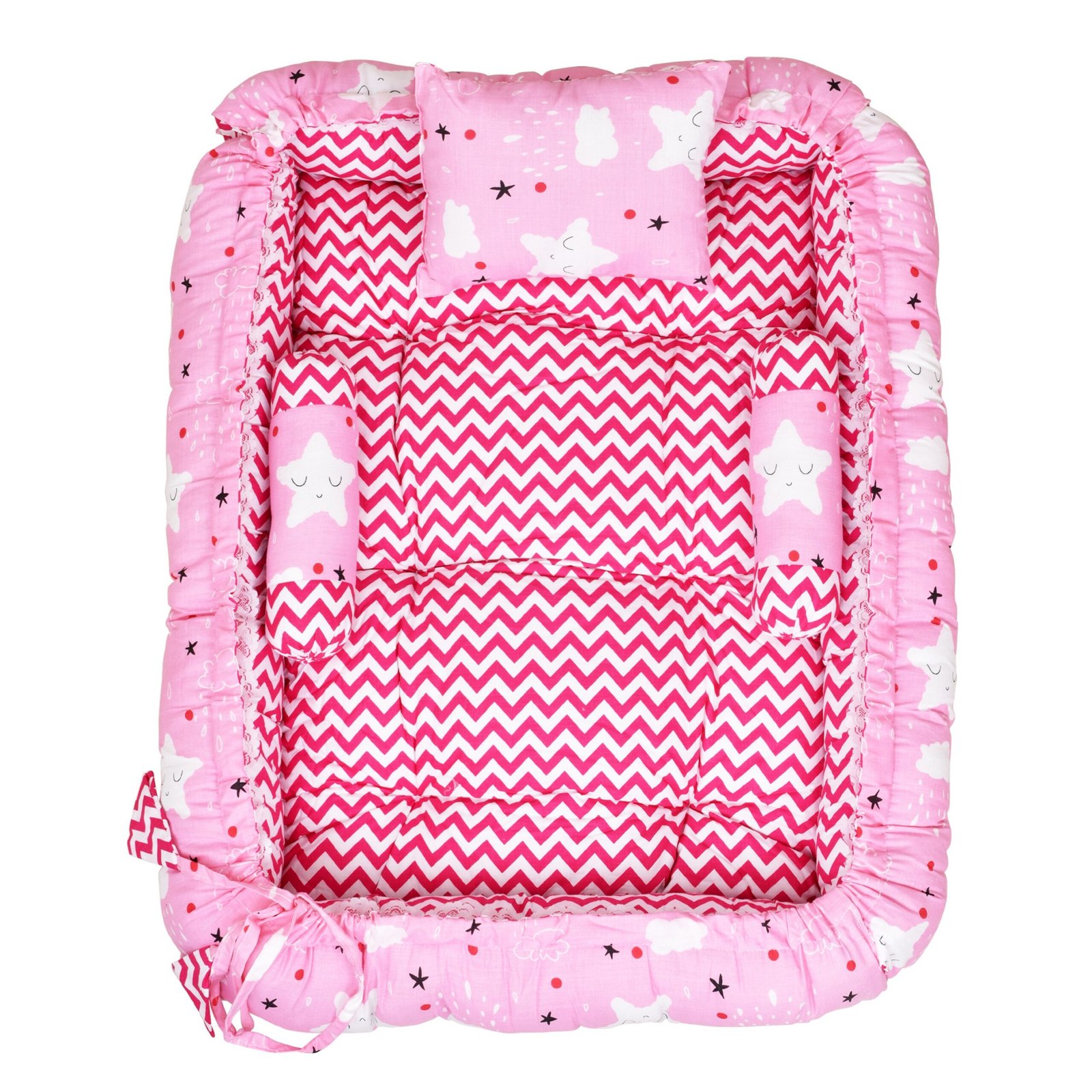 Pink 3 Pillows & Square shape Cotton Baby Bed BB06