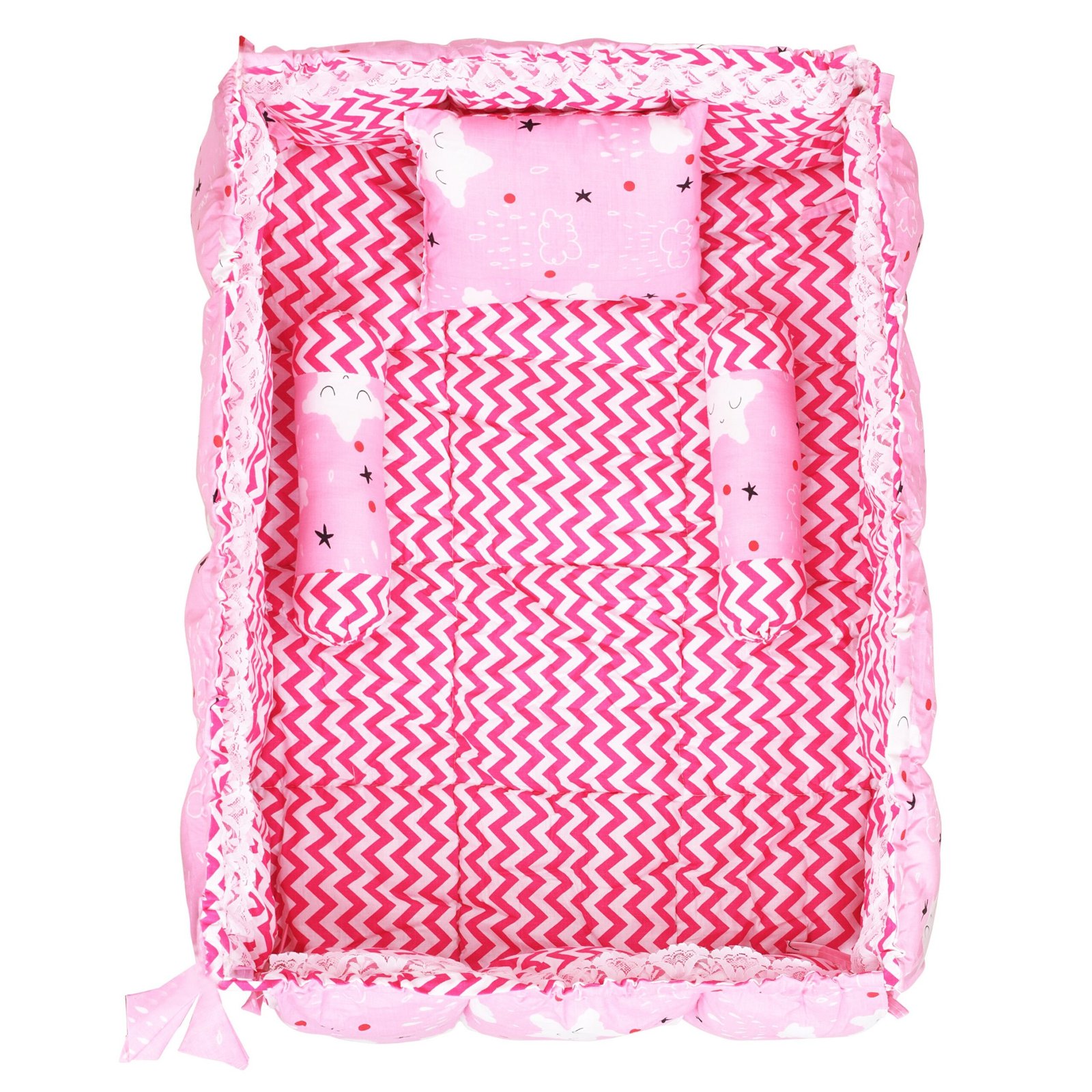 Pink 3 Pillows & Square shape Cotton Baby Bed BB18