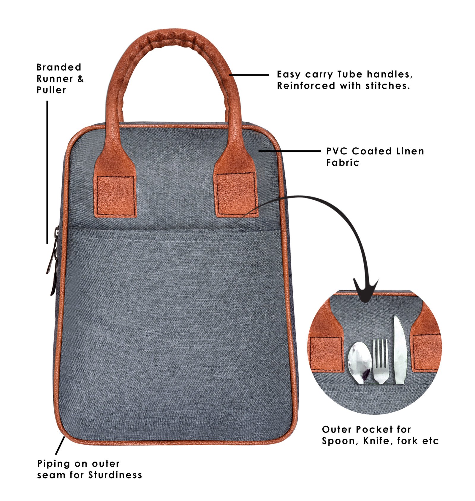 Grey Linen Textured Insulated Tiffin Bag TB04