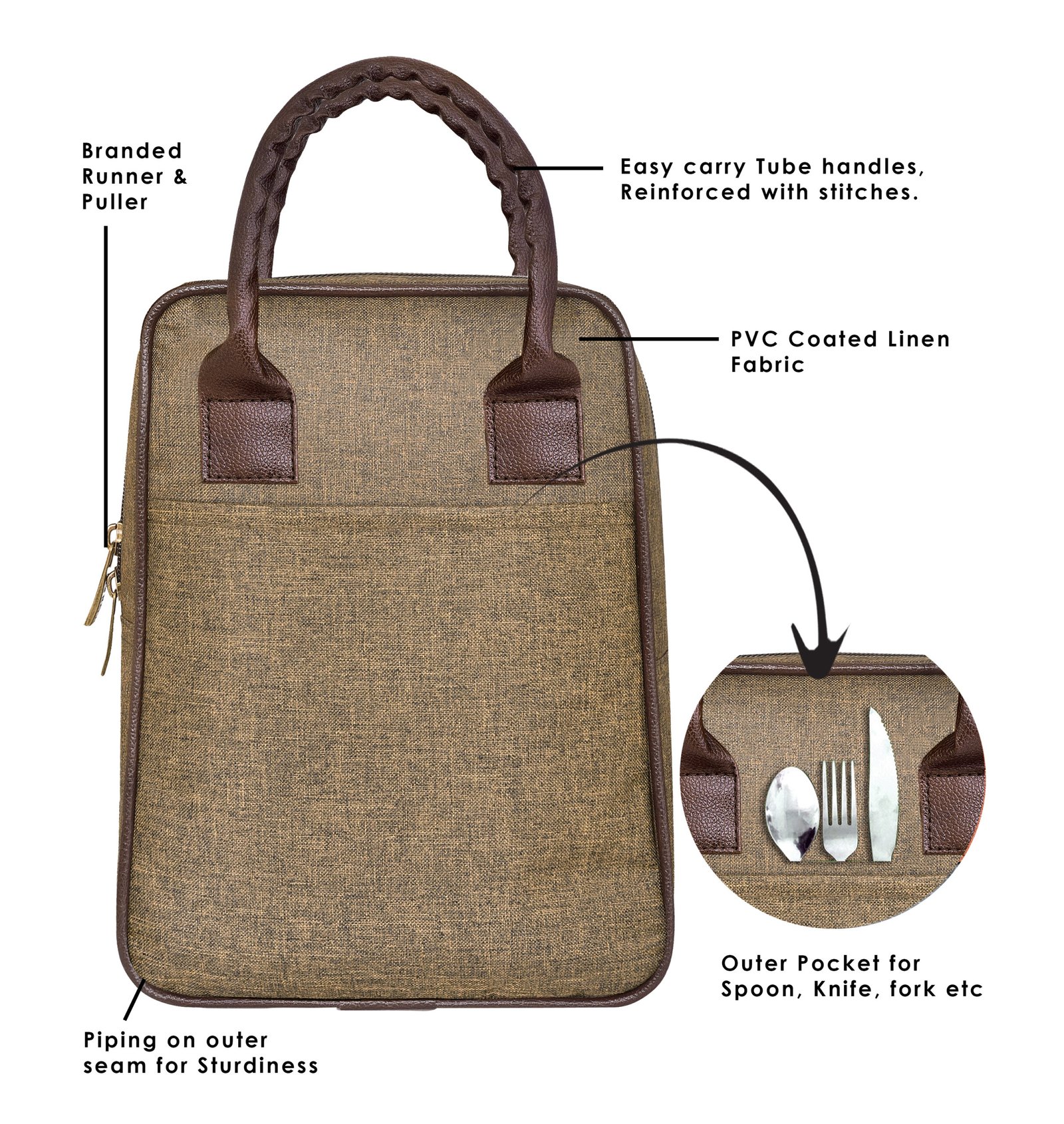 Khaki Linen Textured Insulated Tiffin Bag TB03