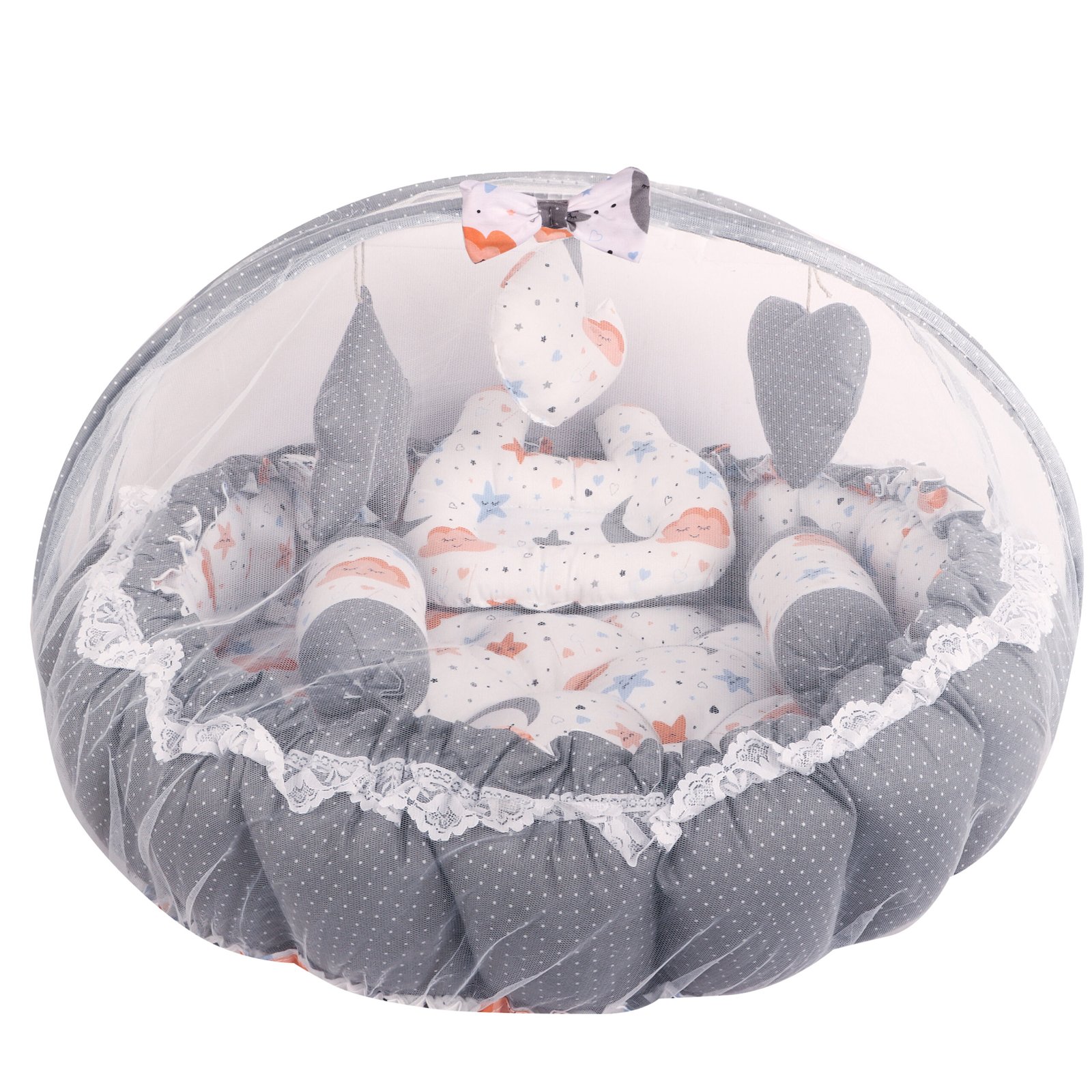 Grey 3 Pillow with Mosquito Protection Net & Round Shape  Cotton Baby Bed for 0-1 Year BB22