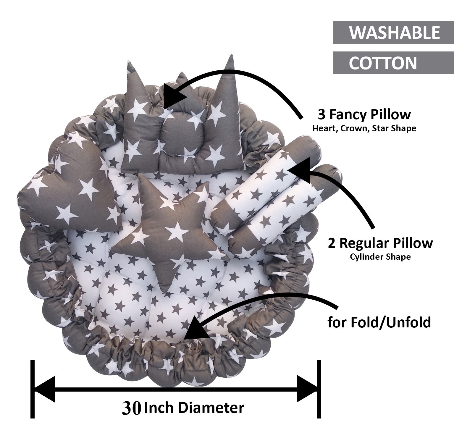 Grey 5 Pillows & Round shape Cotton Baby Bed BB01