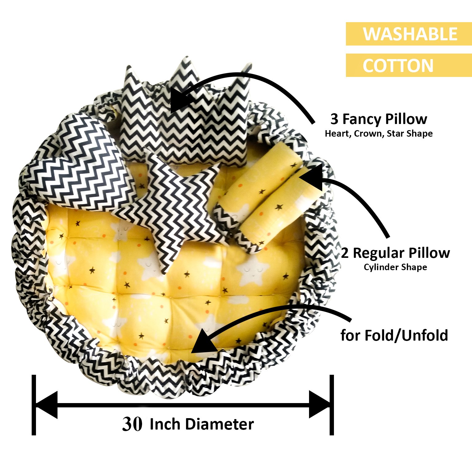 Yellow 5 Pillows & Round shape Cotton Baby Bed BB04