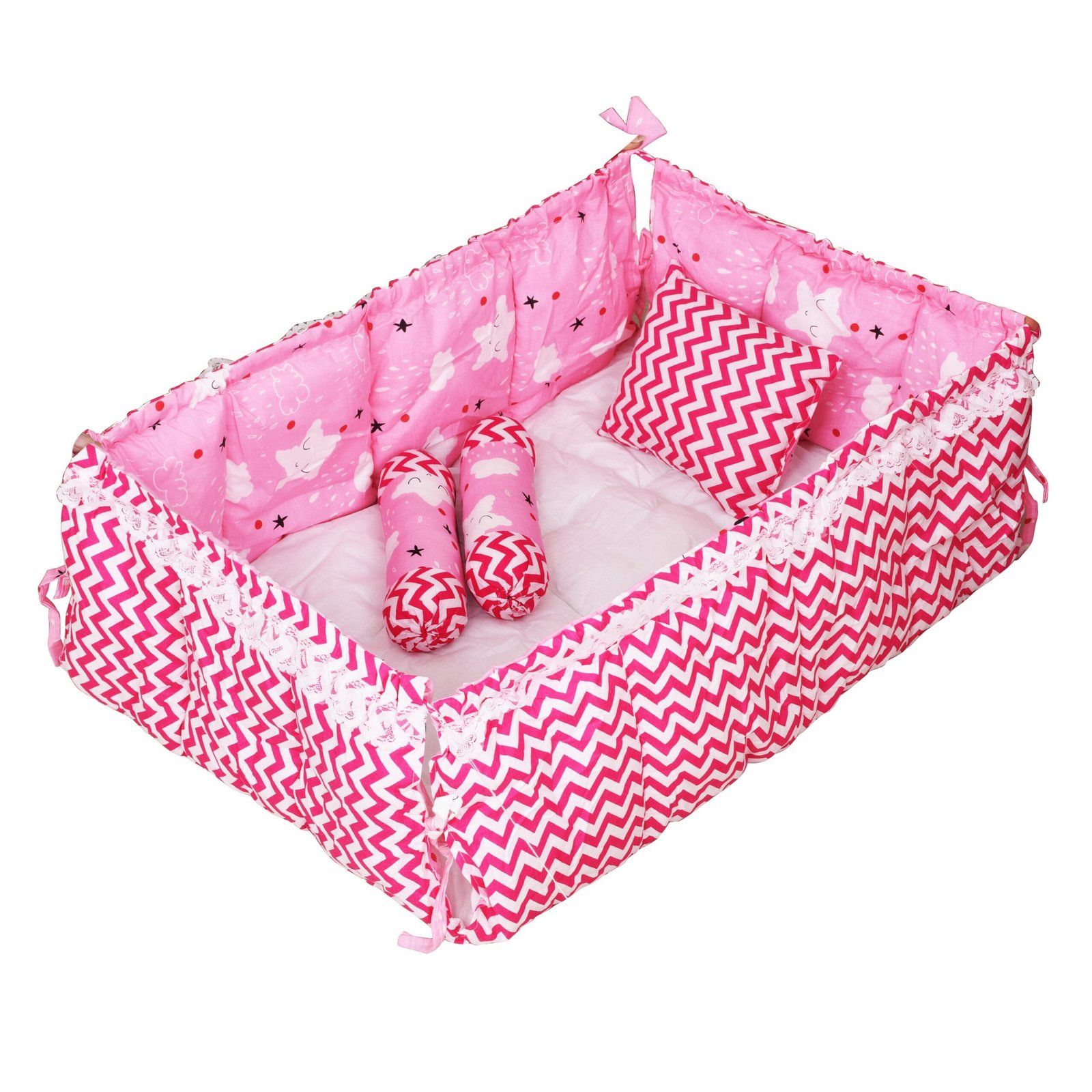 Pink 3 Pillows & Square shape Cotton Baby Bed BB18