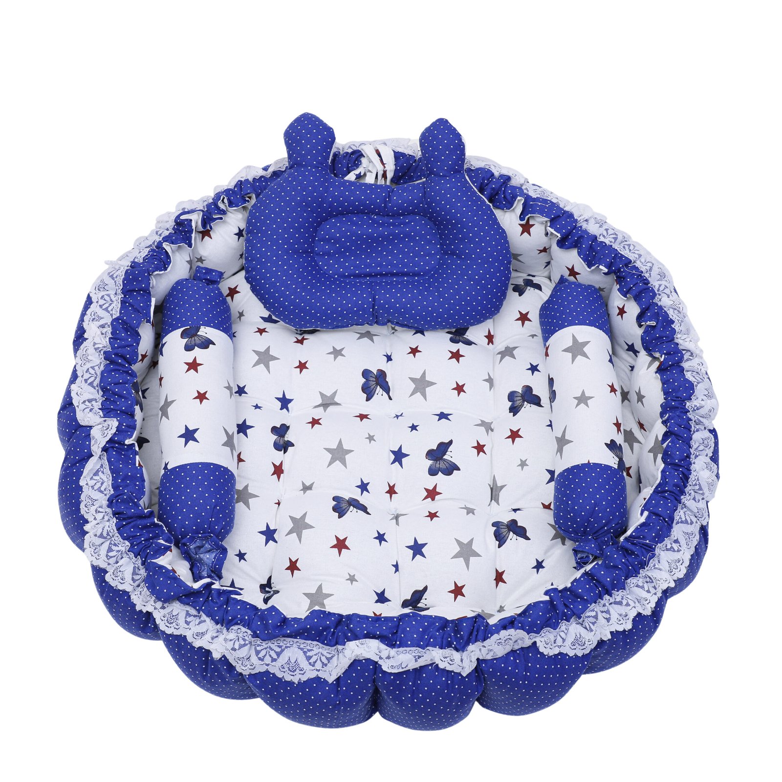 Blue 3 Pillow with Mosquito Protection Net & Round Shape Cotton Baby Bed BB20
