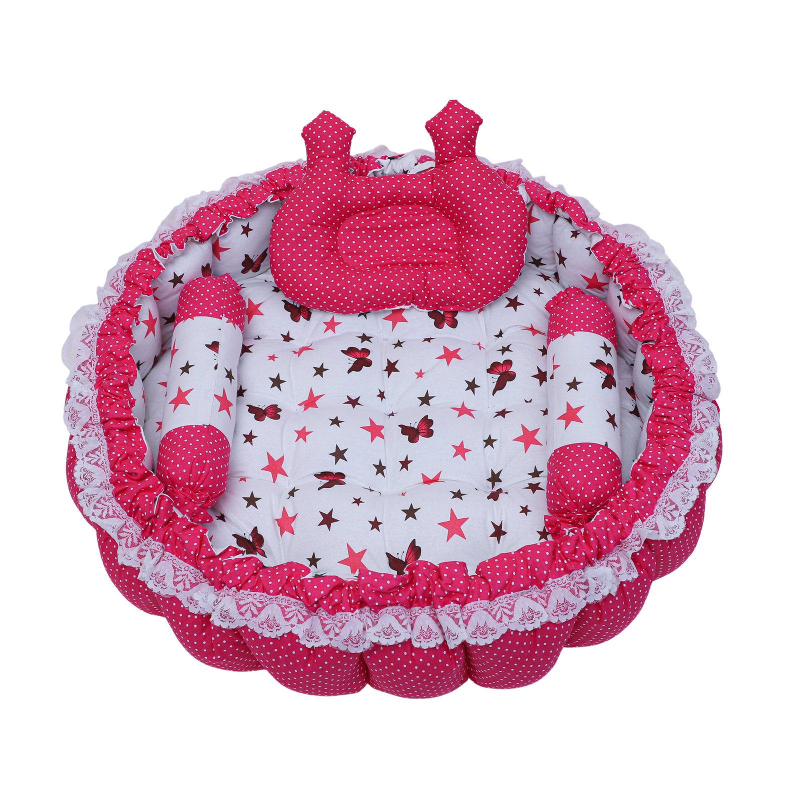 Pink 3 Pillow with Mosquito Protection Net & Round Shape Cotton Baby Bed BB21