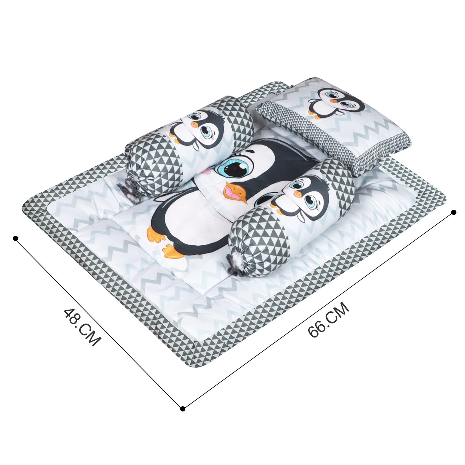 Grey 3 Pillows & Rectangle shape Penguine Print Cotton Baby Bed BB108