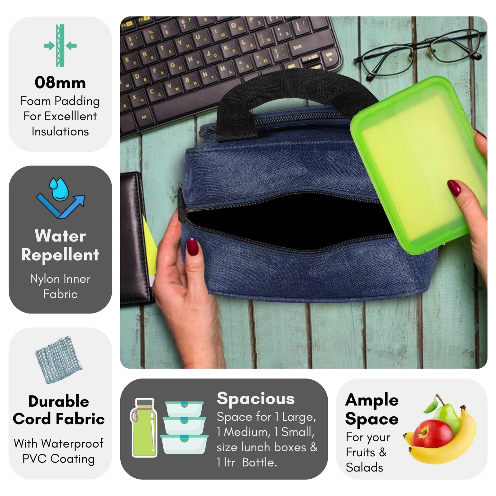 Blue Linen Textured Insulated Tiffin Bag TB13