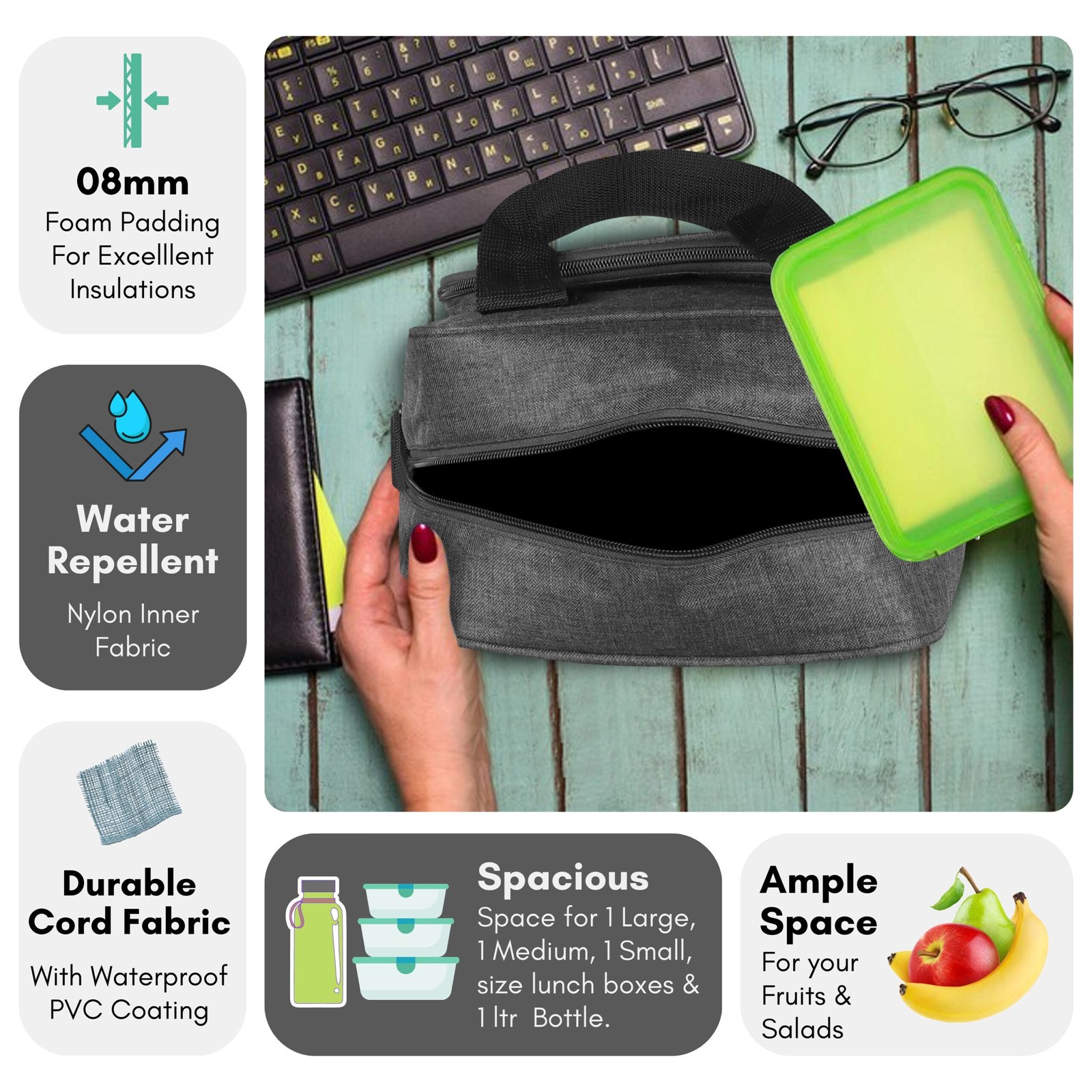 Grey Linen Textured Insulated Tiffin Bag TB14