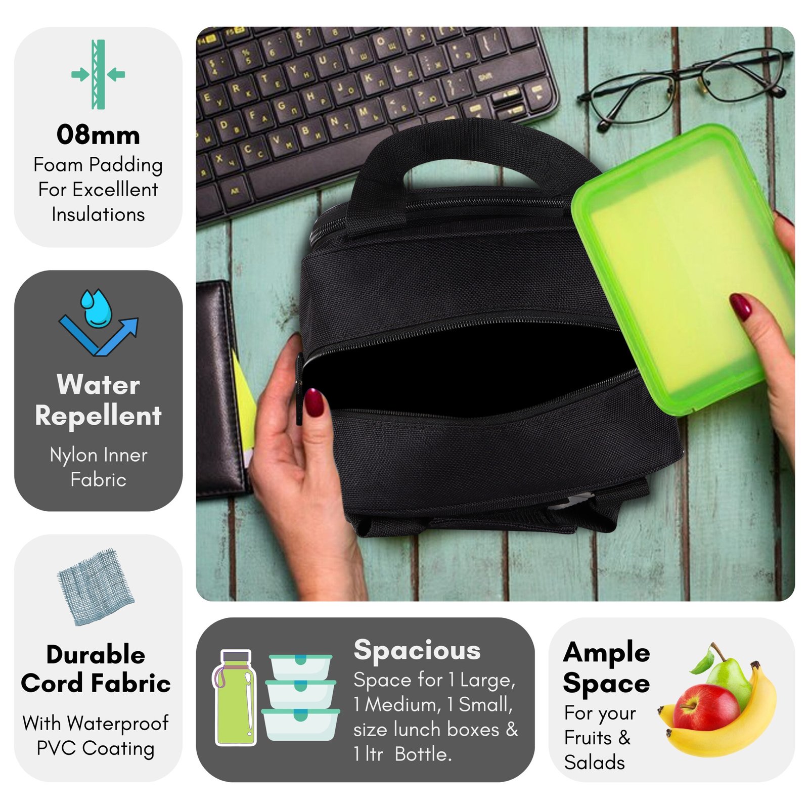 Black PVC Coated Matty Insulated Tiffin Bag TB17