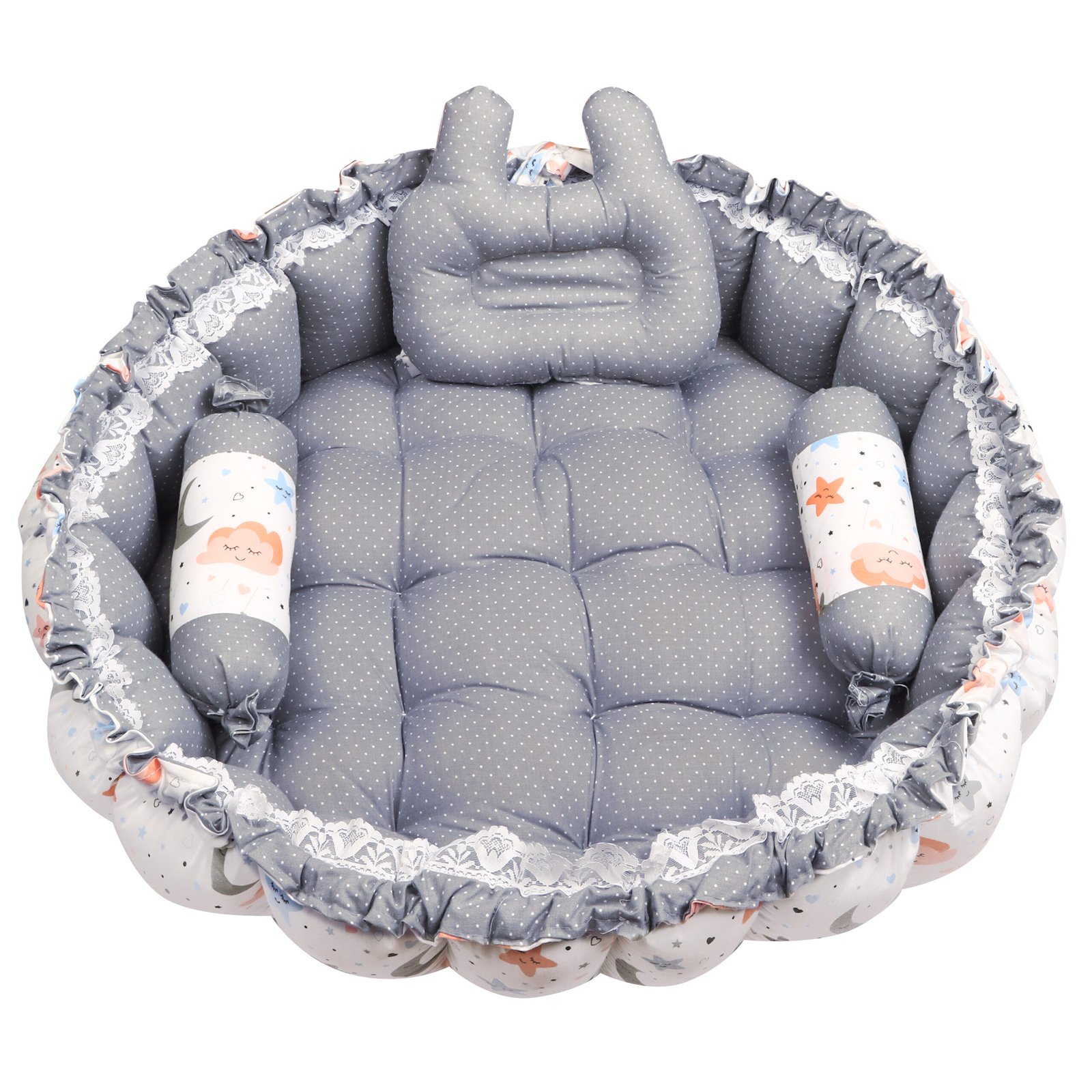 Grey 3 Pillow with Mosquito Protection Net & Round Shape  Cotton Baby Bed for 0-1 Year BB22