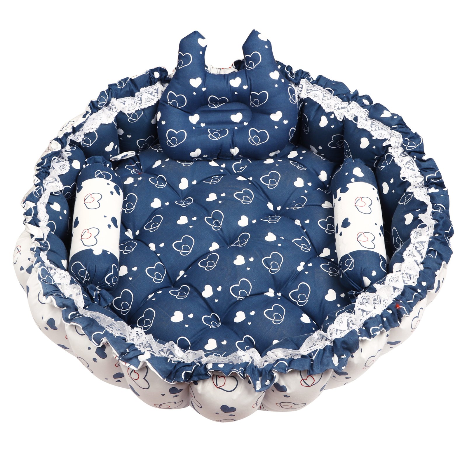 Blue 3 Pillow with Mosquito Protection Net & Round Shape  Cotton Baby Bed for 0-1 Year BB23