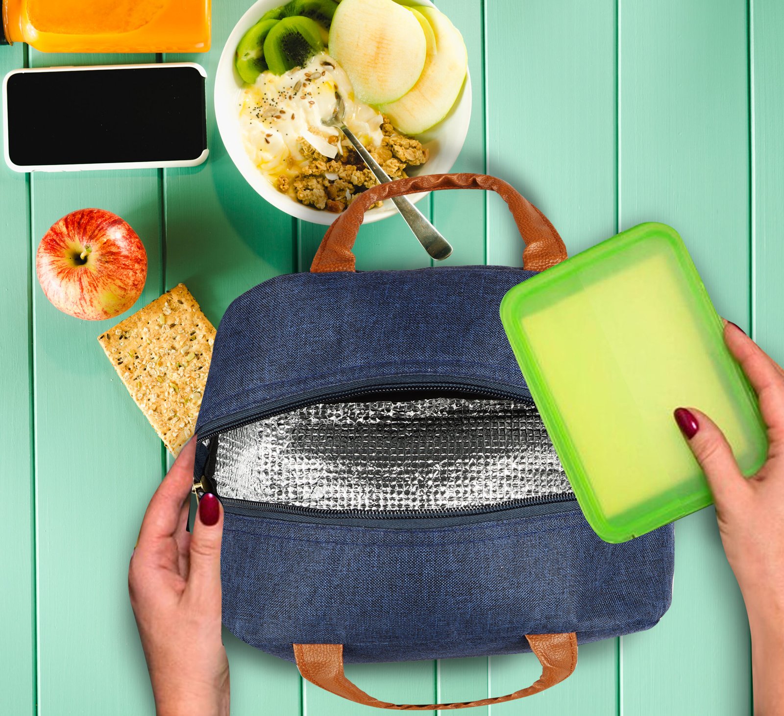 Blue Linen Textured Insulated Tiffin bag/Lunch Bag For Men & Women TB19