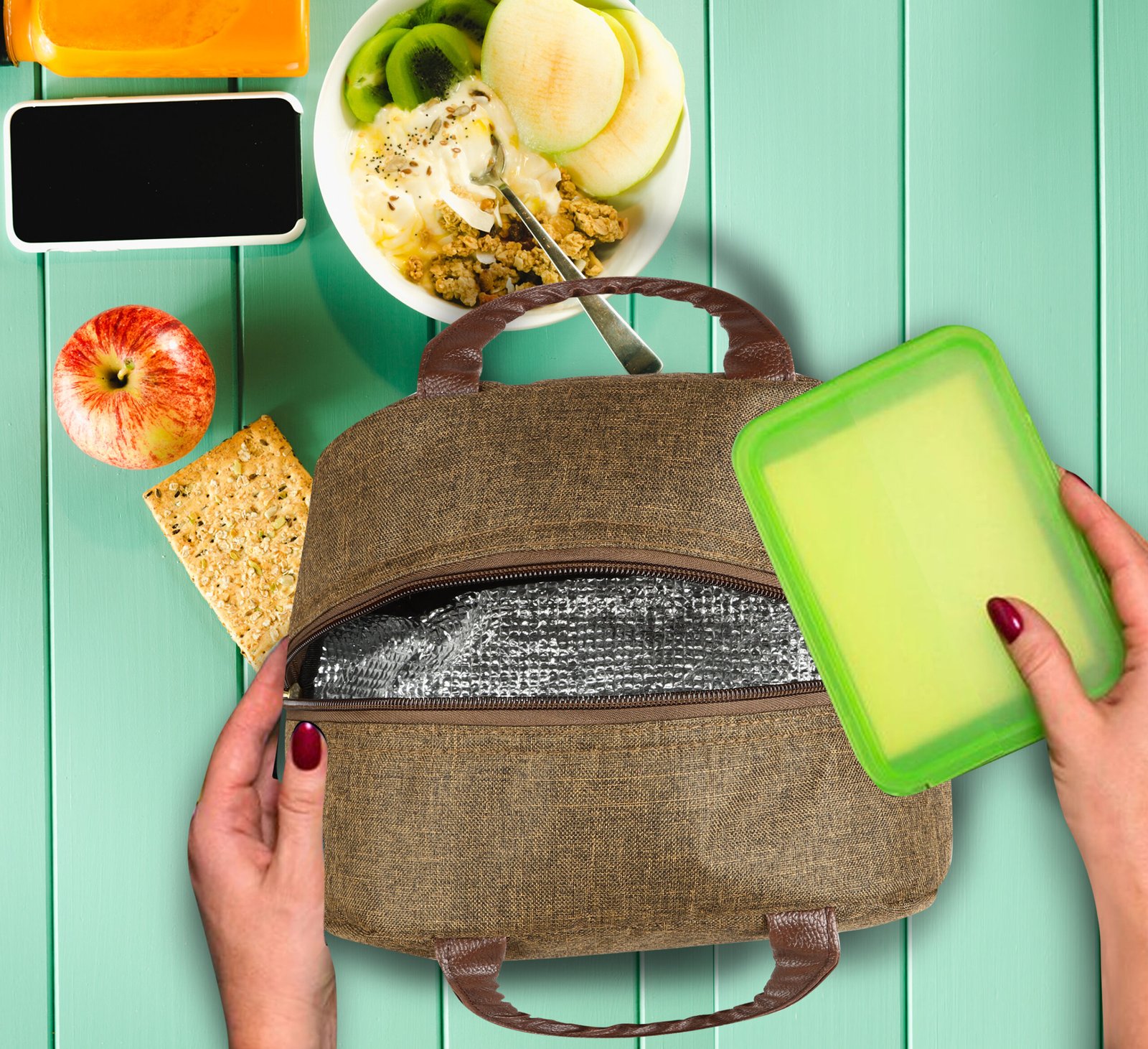 Khaki Linen Textured Insulated Tiffin bag/Lunch Bag For Men & Women TB21