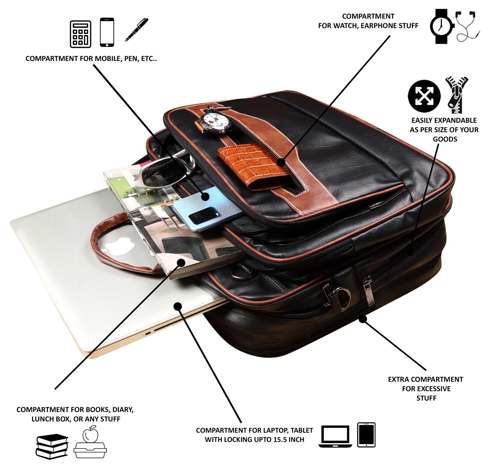 Tan & Black Color Faux Leather 28L Messenger Bag BG105