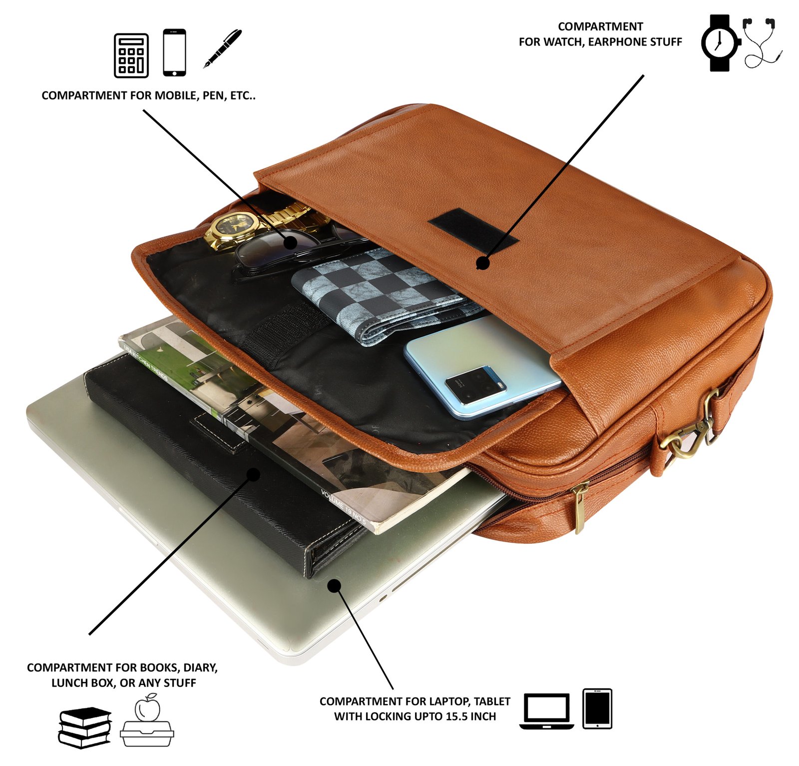 Glossy Tan Color Faux Leather 9.44L Messenger Bag BG112