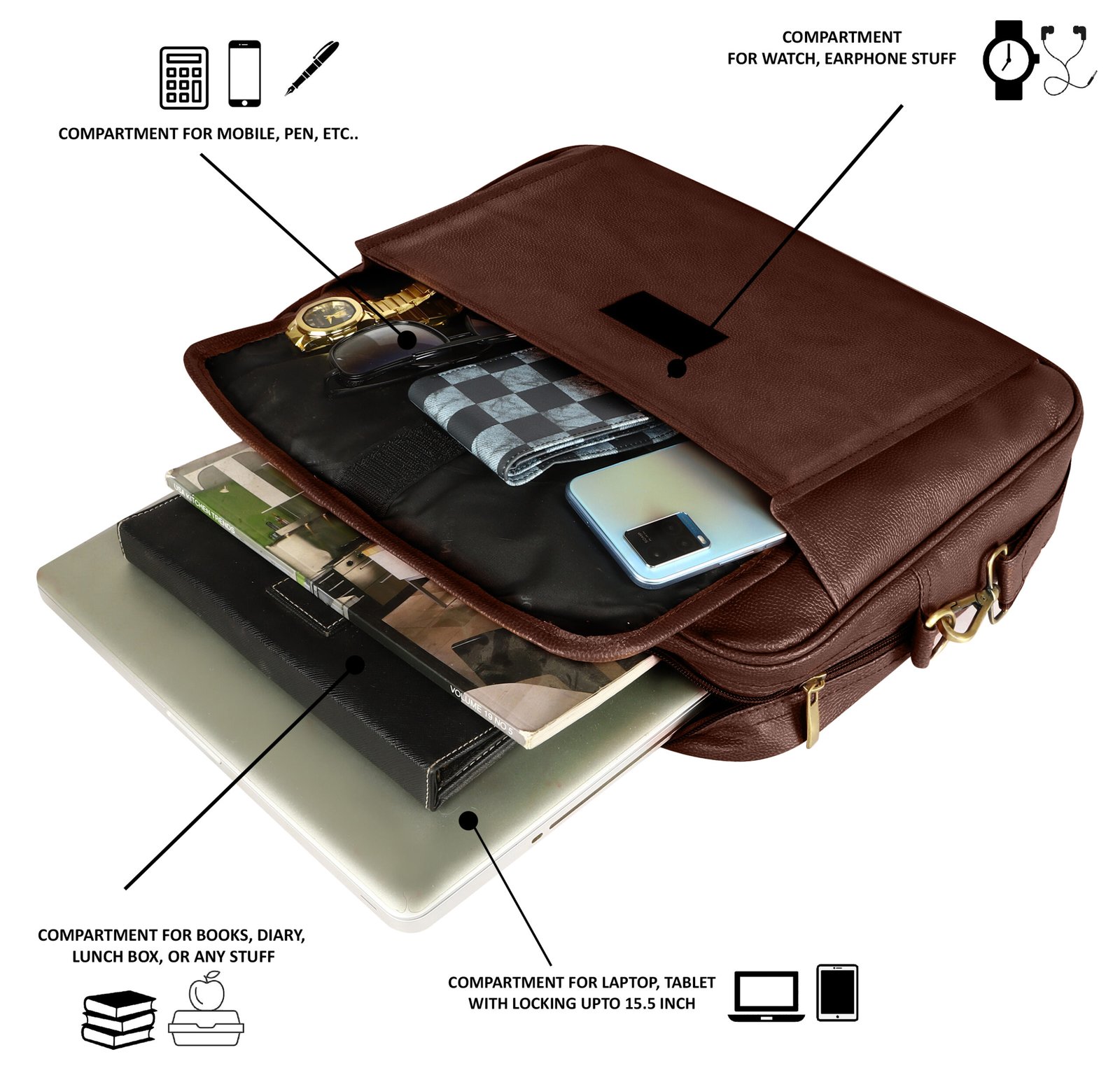 Glossy Brown Color Faux Leather 9.44L Messenger Bag BG113