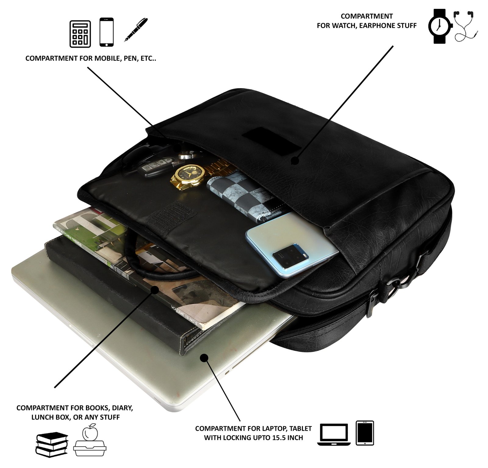 Matte Black Color Faux Leather 9.44L Messenger Bag BG114