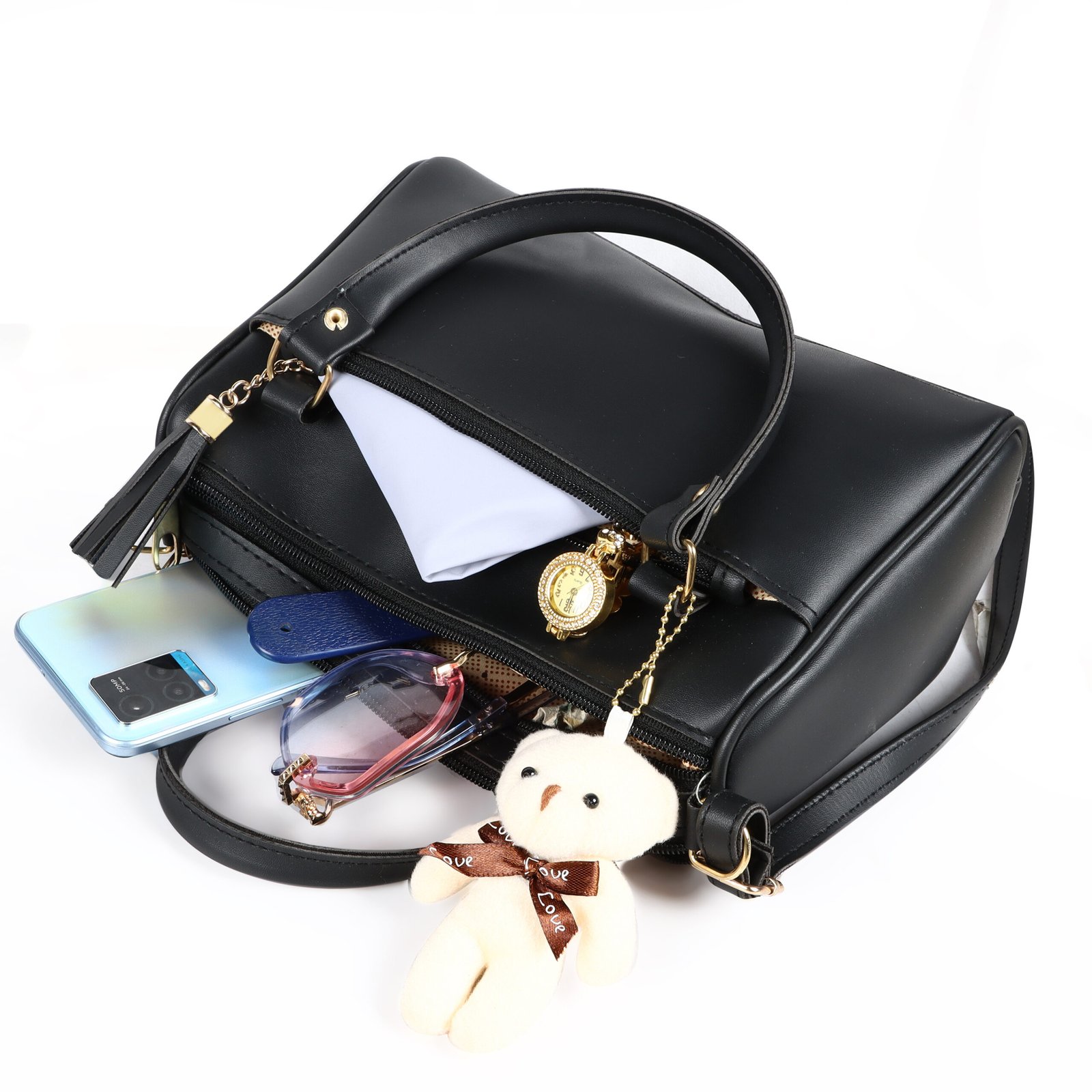 Black Luxurious Faux Leather Handbag With Teddy Bear HB17