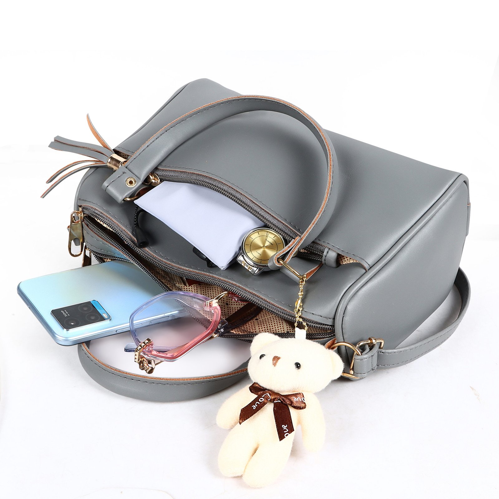 Grey Luxurious Faux Leather Handbag With Teddy Bear HB19