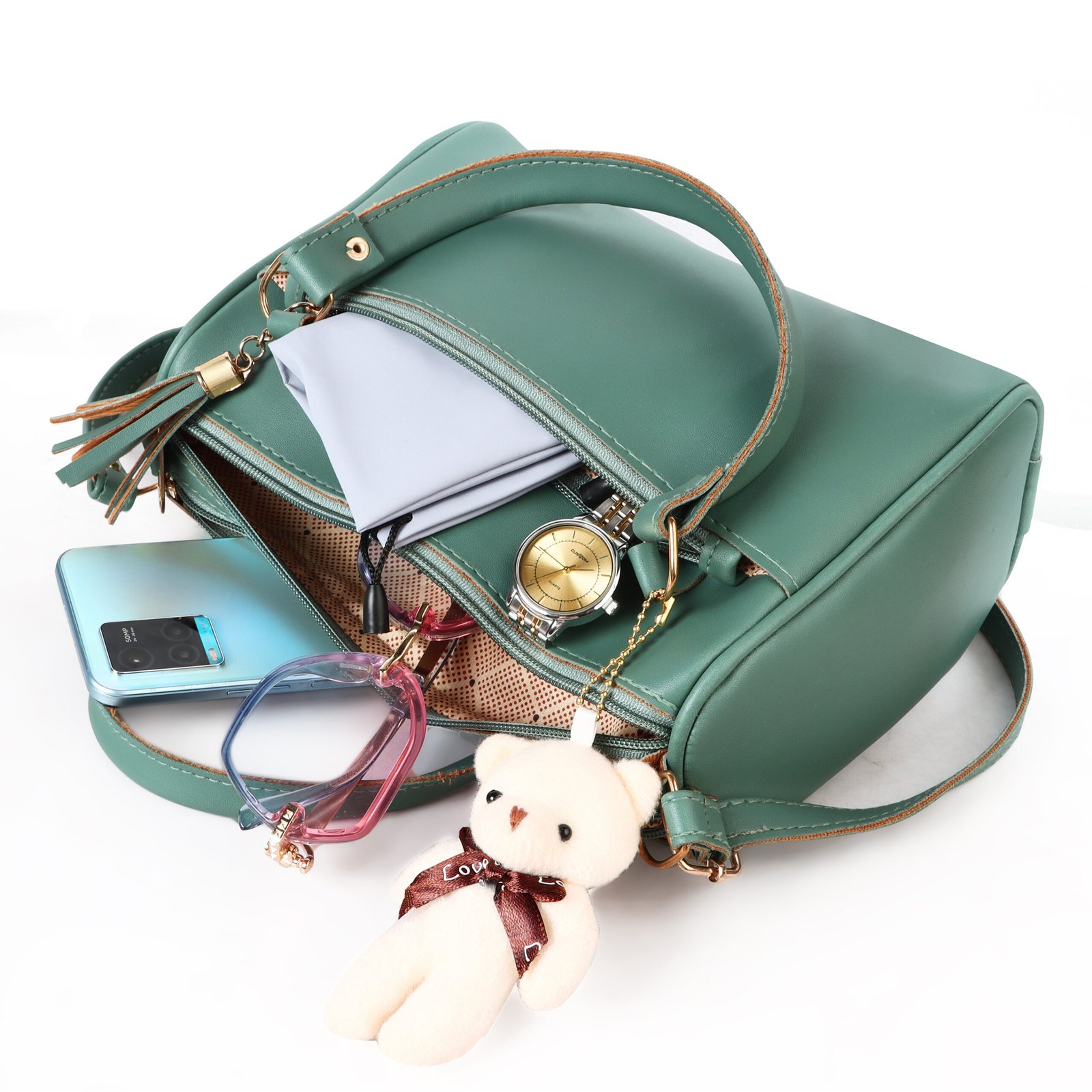 Green Luxurious Faux Leather Handbag With Teddy Bear HB20