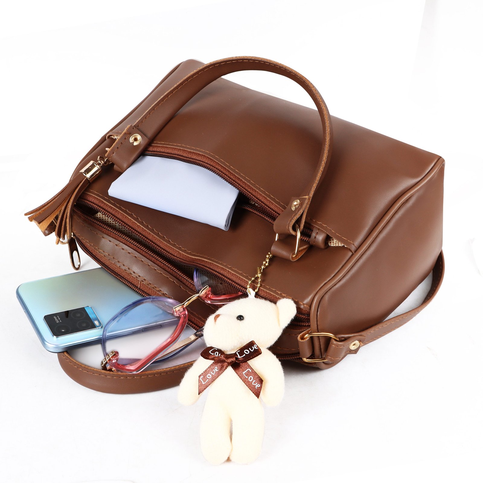 Brown Luxurious Faux Leather Handbag With Teddy Bear HB21