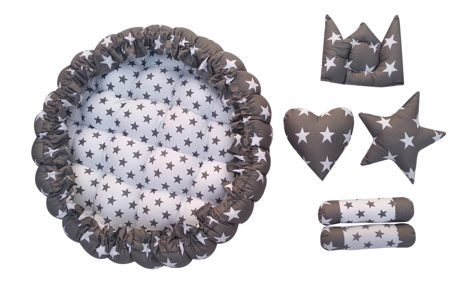 Grey 5 Pillows & Round shape Cotton Baby Bed BB01