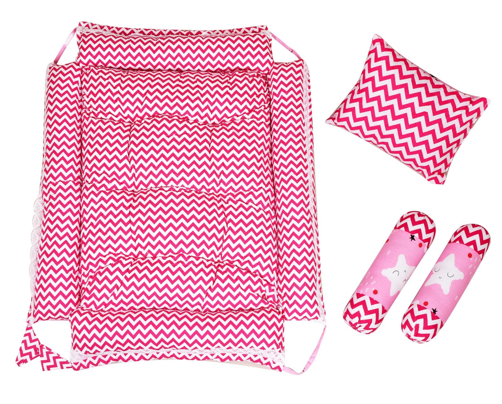 Pink 3 Pillows & Square shape Cotton Baby Bed BB06