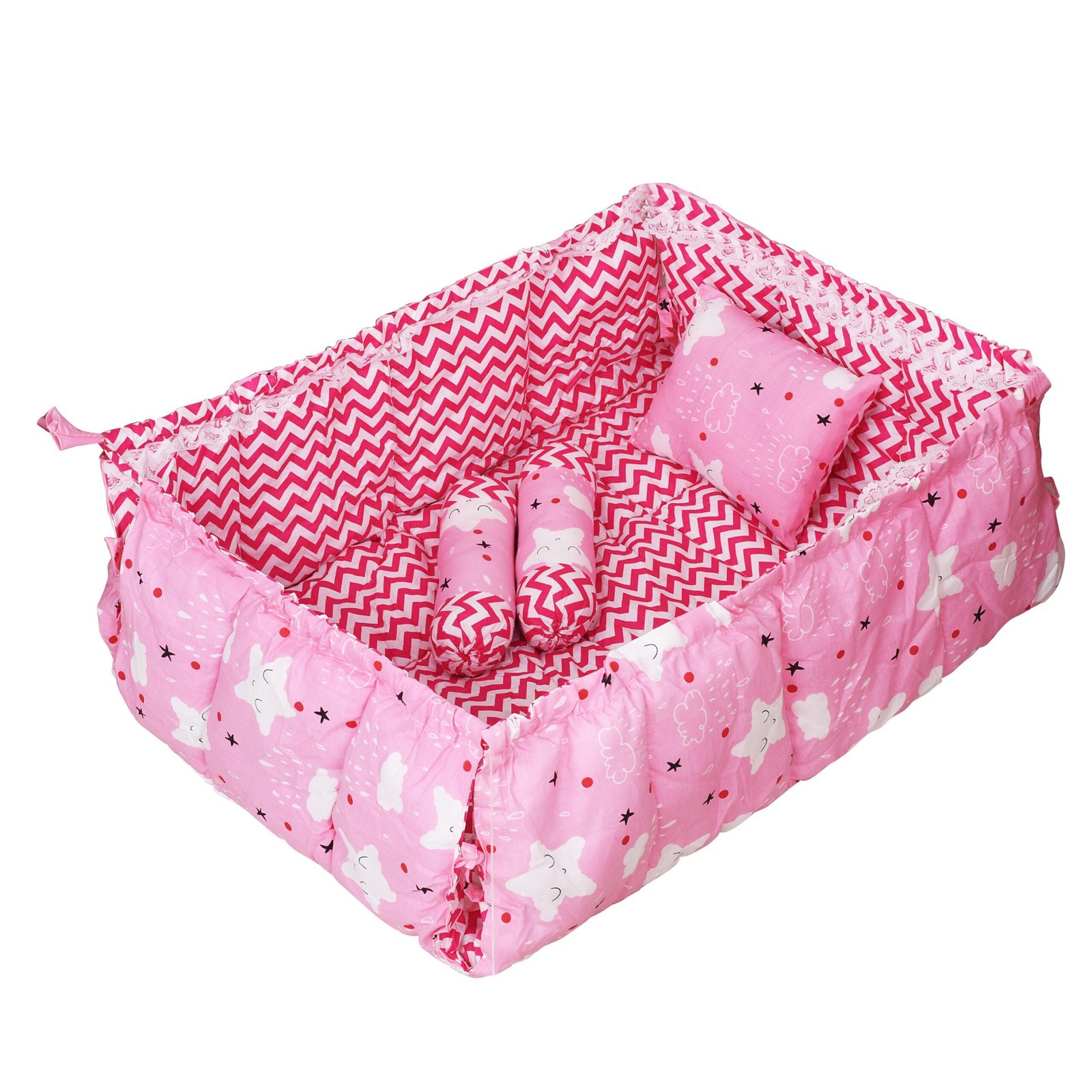 Pink 3 Pillows & Square shape Cotton Baby Bed BB18