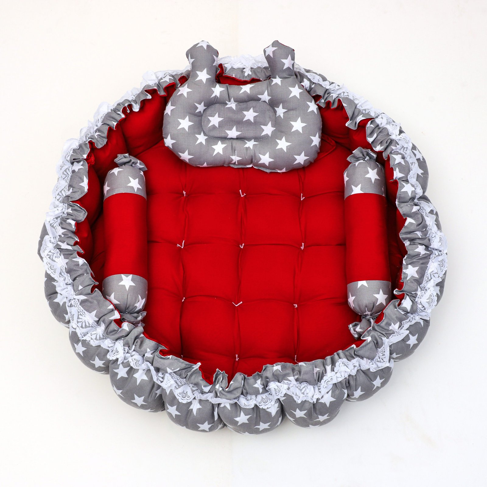 Multicolor 3 Pillow with Mosquito Protection Net & Round Shape Cotton Baby Bed BB19