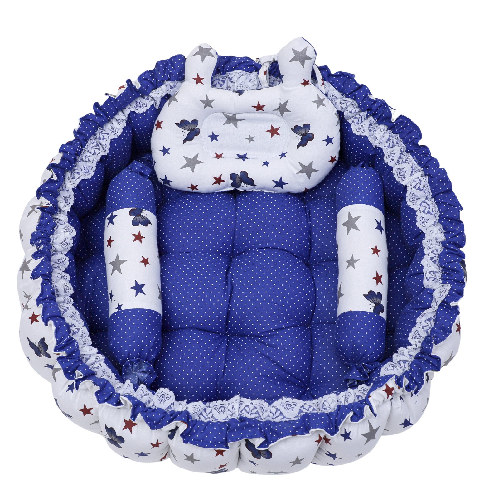 Blue 3 Pillow with Mosquito Protection Net & Round Shape Cotton Baby Bed BB20